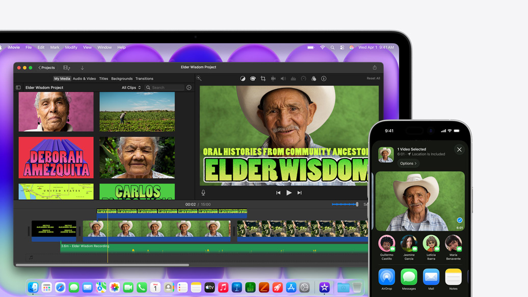 MacBook Neo, Farbe Silber, mit einem iMovie Fenster mit dem Titel „Elder Wisdom Project“, daneben ein iPhone mit einem Video einer der Personen, die im iMovie Fenster gezeigt wird, unter dem Video ist eine Liste mit Optionen zum Teilen, darunter AirDrop
