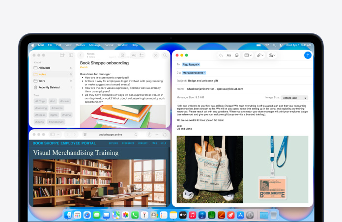MacBook Neo, Farbe Indigo, auf dem Bildschirm wird eine Begrüßungsmail an ein neues Teammitglied der Buchhandlung verfasst, andere Fenster enthalten ein Notizen Dokument zum Onboarding und die Website des Mitarbeiterportals der Buchhandlung in Safari