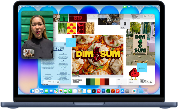 MacBook Neo, Farbe Indigo, ein Videoanruf wird gerade geführt, Freeform Fenster mit einem Menü, Fotografie von Lebensmitteln und Illustrationen für ein Dim Sum Restaurant