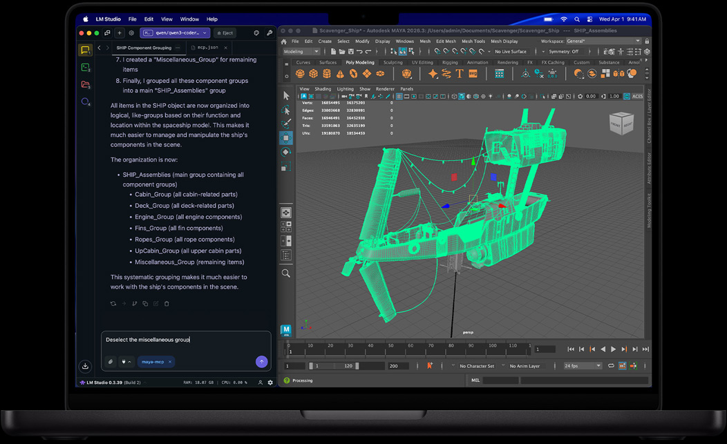 Écran de MacBook Pro affichant LM Studio et Autodesk Maya
