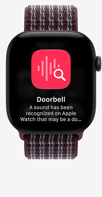 Apple Watch Series 12, aluminium case, black colour, pinned conversations screen, Sport Loop strap, burgundy plaid colour