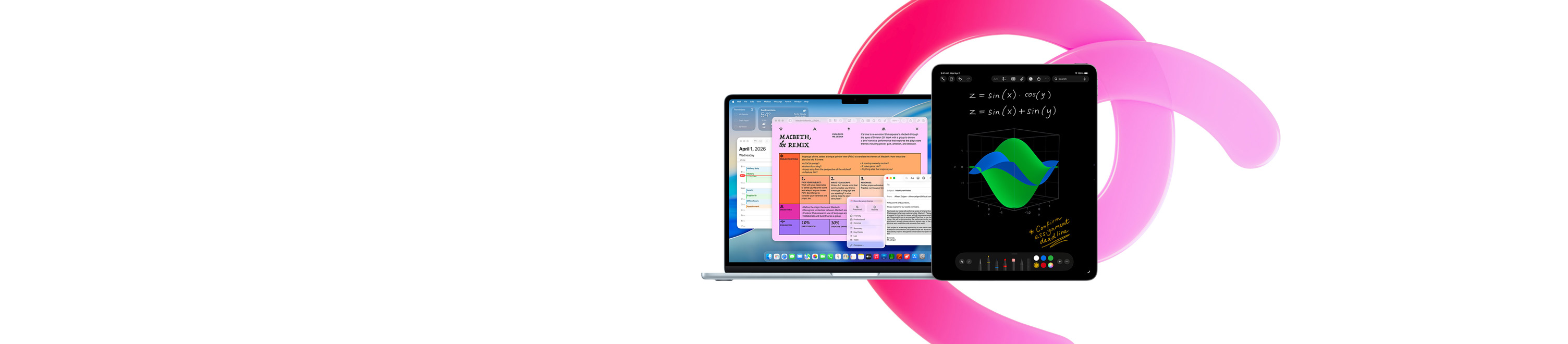 Un MacBook Air affiche Pages, Calendrier, Alertes et Mail à côté d’un iPad montrant des équations manuscrites dans Notes mathématiques, illustrant la productivité avec les apps intégrées
