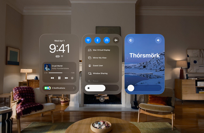 Vue de l’Apple Vision Pro avec trois fenêtres ouvertes, de gauche à droite, la Date et l’Heure avec la commande du lecteur multimédia, les commandes de connectivité et les réglages d’affichage