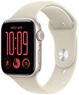 Apple Watch SE 3, περίβλημα από αλουμίνιο, χρώμα αστροφεγγιά, εξωτερική όψη δεξιάς πλευράς, ροδέλα Digital Crown, μικρόφωνο, πλευρικό κουμπί, συνδεδεμένο με λουράκι Sport Band, χρώμα άμμος (ανοιχτό καφέ), κούμπωμα τύπου «pin-and-tuck» (ασημένιο πείρο)