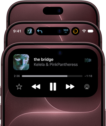 3 iPhone 18 Pro σε Μπορντό σε μια διάταξη βεντάλιας που παρουσιάζει το Dynamic Island σε διάφορες λειτουργίες: απενεργοποιημένο, ελαχιστοποιημένο, μεγιστοποιημένο