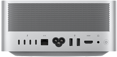 Mac Studio, πίσω όψη, αεραγωγοί αλουμινίου, τέσσερις θύρες Thunderbolt 5, μία θύρα Ethernet, μία υποδοχή τροφοδοσίας, δύο θύρες USB-A, μία θύρα HDMI, μία υποδοχή ακουστικών και κουμπί τροφοδοσίας
