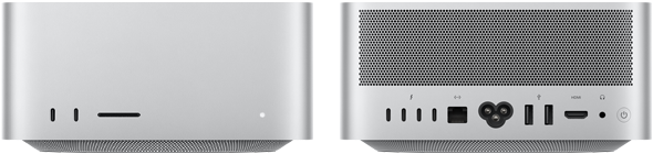 Mac Studio, μπροστινή όψη, δύο θύρες USB-C, υποδοχή κάρτας SDXC, λυχνία ένδειξης κατάστασης, κωνική βάση στο κάτω μέρος, επίπεδο επάνω μέρος, στρογγυλεμένες πλευρές, ευθείες άκρες, Ασημί χρώμα, Mac Studio, πίσω όψη, αεραγωγοί από αλουμίνιο, τέσσερις θύρες Thunderbolt 5, μία Ethernet, μία υποδοχή τροφοδοσίας, δύο θύρες USB-A, μία θύρα HDMI, μία υποδοχή ακουστικών και κουμπί λειτουργίας