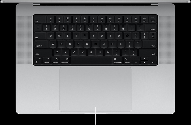 Κάτοψη ενός ανοιχτού MacBook Pro 16 ιντσών που δείχνει το Force Touch trackpad κάτω από το πληκτρολόγιο