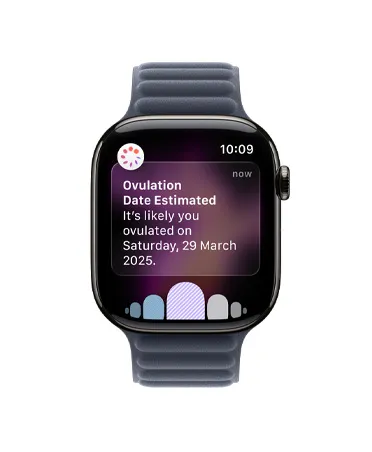Apple Watch Series 11, slate color, titanium case, ovulation date estimation notification from Cycle Tracking in Health app, Digital Crown, band, Magnetic Link, navy color