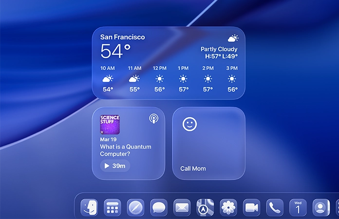 Liquid Glass Weather, Podcasts, and Reminders widgets on macOS Tahoe screen