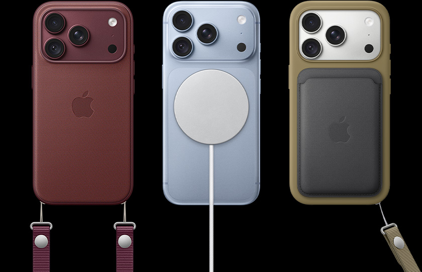 由左至右：布根地紅色 iPhone 18 Pro 貼合至皮革護殼，並連接布根地紅色斜孭掛繩；中間的冰川色 iPhone 18 Pro 貼合白色 MagSafe 充電器；右邊的銀色 iPhone 18 Pro 貼合至綠色電話護殼、黑色皮革銀包護殼，並連接腕帶。