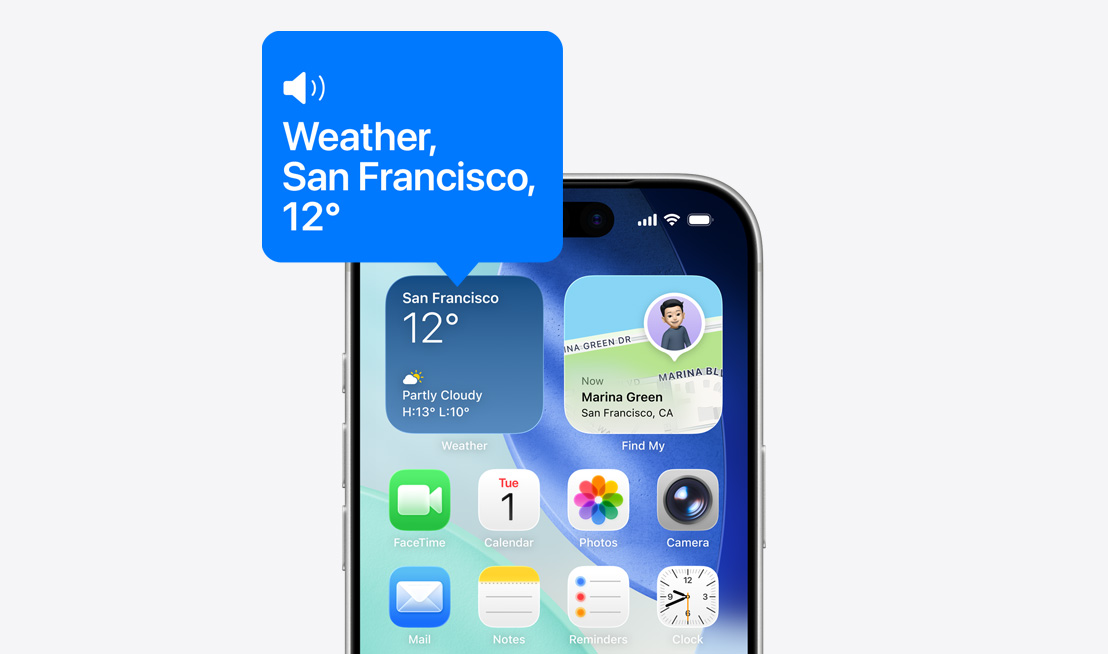 iPhone 主畫面，圖像展示旁白功能正在朗讀天氣小工具的內容