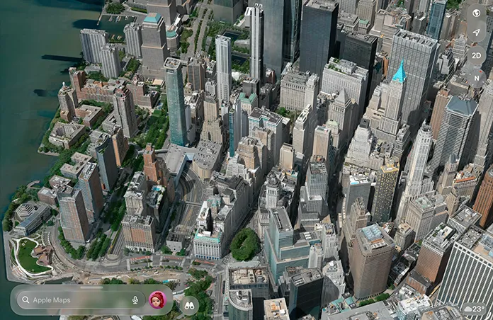 Apple 地圖顯示一座城市的細節鳥瞰圖，有建築物、道路和綠地