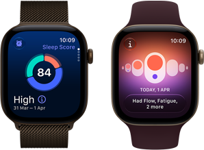 Dva uređaja Apple Watch Series 12, aluminijsko kućište, tamna brončana boja, kružni grafikon s rezultatom spavanja, Digital Crown, tamnobrončana narukvica Milanese, aluminijsko kućište, svijetlo zlatna boja, Praćenje ciklusa, bordo sportski remen