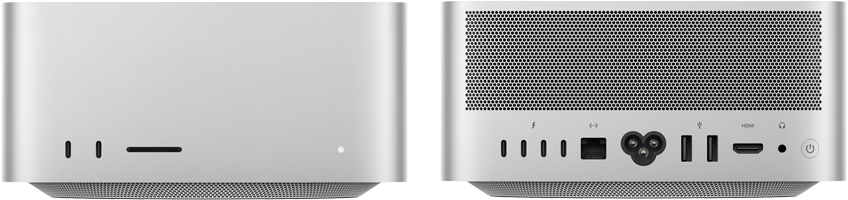 Prednja strana uređaja Mac Studio s srebrnoj boji s 2 USB-C priključka, utorom za karticu SDXC, svjetlosnim indikatorom, postoljem suženim pri dnu i ravnim gornjim dijelom, zaobljenim uglovima i ravnim rubovima, stražnja strana uređaja Mac Studio s perforiranim ventilacijskim otvorom , 4 priključka Thunderbolt 5, Ethernet priključkom, priključkom za utičnicu, 2 USB-A priključka, HDMI priključkom, priključkom za slušalice i gumbom za uključivanje/isključivanje