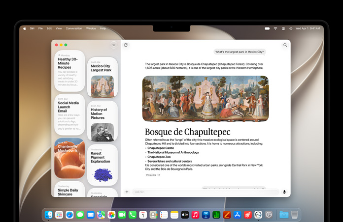 Egy 14 hüvelykes asztrofekete MacBook Pro kijelzőjén a Siri appban egy aktív Siri AI-beszélgetés mellett több korábbi beszélgetés is megjelenik az oldalsávon.
