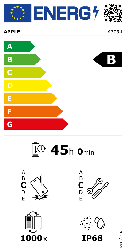 Európai Uniós energiacímke, QR-kód és információ, A3094-es Apple-modell, B osztályú, energiahatékonysági osztályok (A-tól G-ig terjedő besorolás), A (leghatékonyabb), G (legkevésbé hatékony), akkumulátor élettartama ciklusonként, 45 óra és 0 perc teljesen feltöltött akkumulátor esetében, megbízhatóság ismételt leejtés esetében: C osztály, A-tól (legstrapabíróbb) E-ig (legkevésbé strapabíró) terjedő besorolás, C osztályú javíthatóság, A-tól (leginkább javítható) E-ig (legkevésbé javítható) terjedő besorolás, akkumulátor élettartama 1000 működési ciklusban, IP68-as por- és vízállósági besorolás, 2023/1669-es rendelet
