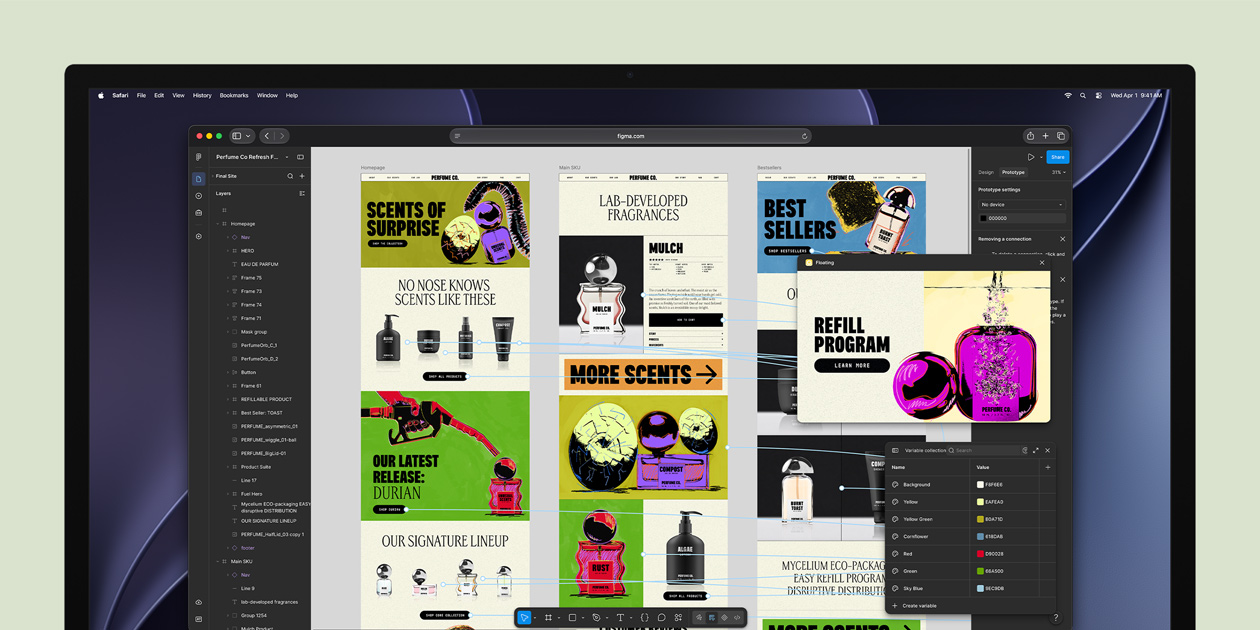 Studio Display kijelzőn, a Figma app kezelőfelülete, digitális vászon munkaablakkal, melyben különféle digitális illusztrációk vannak