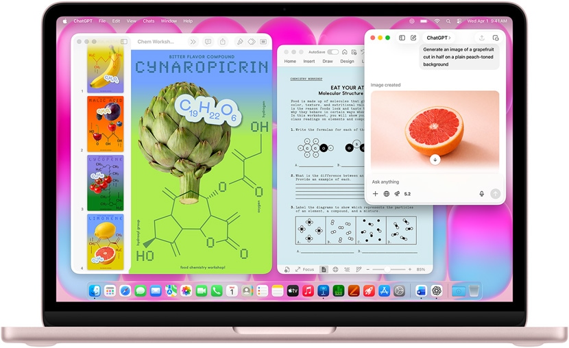 MacBook Neo hajnalpír színben, a kijelzőn egy ChatGPT-vel generált kép egy grépfrútról, egy Keynote-dokumentum, amely molekulaképletekkel ellátott posztereket mutat gyümölcsök és zöldségek képeivel, illetve egy témába vágó Microsoft Word-dokumentum.