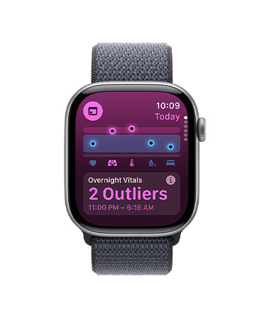 Apple Watch Series 11, warna abu-abu, casing aluminium, aplikasi Tanda Vital, diagram skor kesehatan, pemberitahuan tanda vital semalaman di luar standar, eksterior sisi kanan, Digital Crown, Loop Sport, warna abu-abu gelap