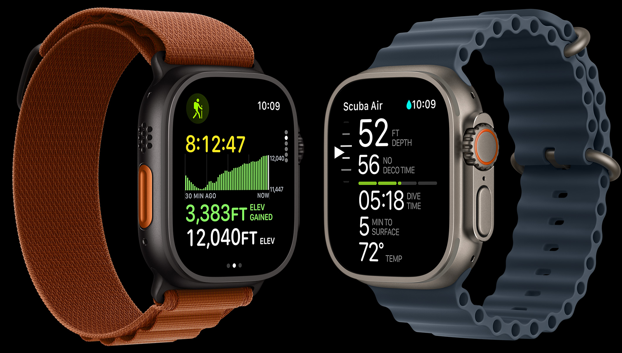 Perangkat Apple Watch Ultra 3, casing titanium, warna hitam dan alami, peta jalur, metrik menyelam