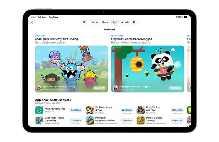 Layar yang menampilkan bagian Dibuat untuk Anak di App Store.