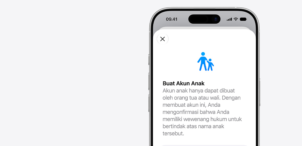iPhone menampilkan antarmuka pengaturan Akun Anak dengan ikon orang dewasa dan anak di atas bidang untuk nama anak.