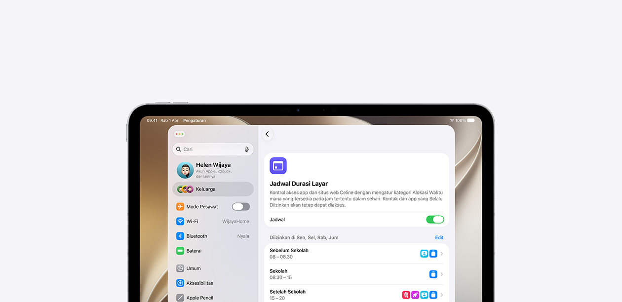 iPad menampilkan fitur Jadwal Durasi Layar dengan garis waktu horizontal yang menunjukkan kategori aplikasi dan situs web yang diizinkan sebelum sekolah, selama sekolah, dan sesudah sekolah.