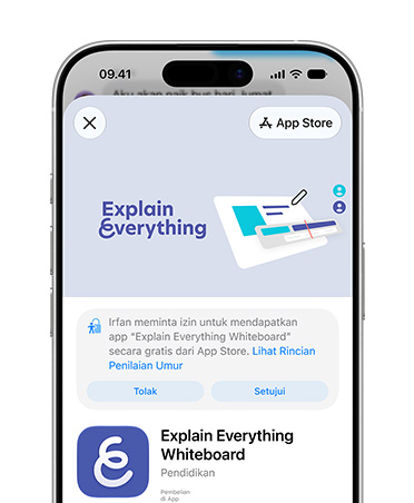 iPhone menampilkan halaman produk Explain Everything Whiteboard di dalam App Store, yang meminta pengguna untuk menolak atau menyetujui akses untuk Akun Anak.