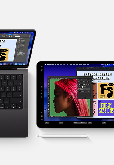 MacBook dan iPad dengan Apple Pencil, kedua layar menampilkan perangkat lunak desain grafis yang sama untuk menunjukkan kontinuitas antar perangkat.