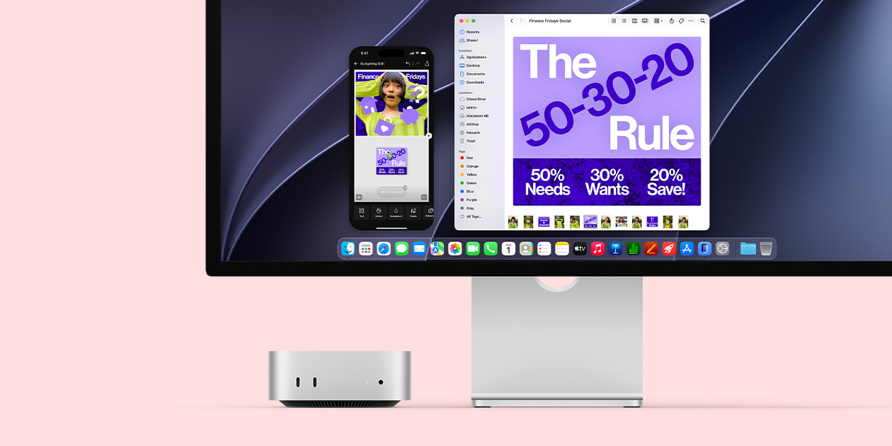 Bagian depan Mac mini, terselip di bawah layar Studio Display yang menampilkan pencerminan iPhone dari postingan media sosial tentang topik berjudul Finance Fridays