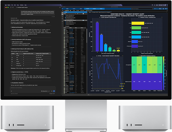 Studio Display XDR, layar menampilkan data tentang kesehatan lebah madu di aplikasi LM Studio Bionic dan MATLAB, Mac Studio, tampilan depan