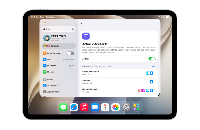 Layar MacBook Pro menampilkan opsi Alokasi Waktu dan Jadwal Durasi Layar di Pengaturan untuk mengatur kategori waktu dan media bagi anak mereka