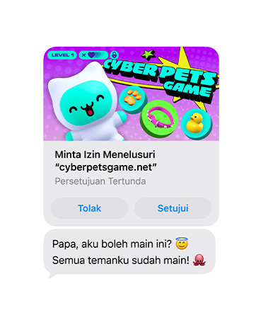 Layar yang menampilkan pesan teks dengan jepretan layar cyberpetsgame.net, tombol Tolak dan Setujui di bawah grafis, teks pesan, Papa, boleh aku cek ini? Semua temanku sudah main