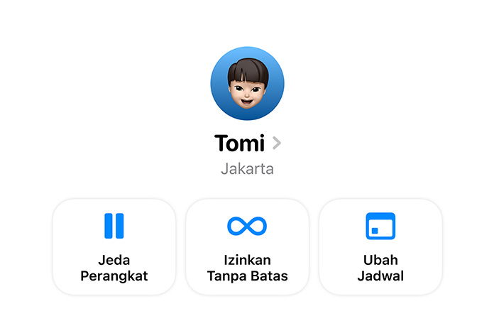 Opsi aplikasi Pengaturan bagi orang tua untuk Jeda Penggunaan Perangkat, Izinkan Penggunaan Tak Terbatas, atau Ubah Jadwal untuk anak mereka