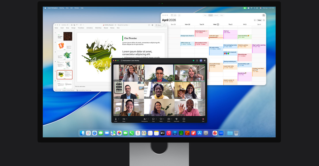 iMac, lo schermo mostra una videochiamata Zoom con più partecipanti, un calendario e una presentazione aperta sullo sfondo
