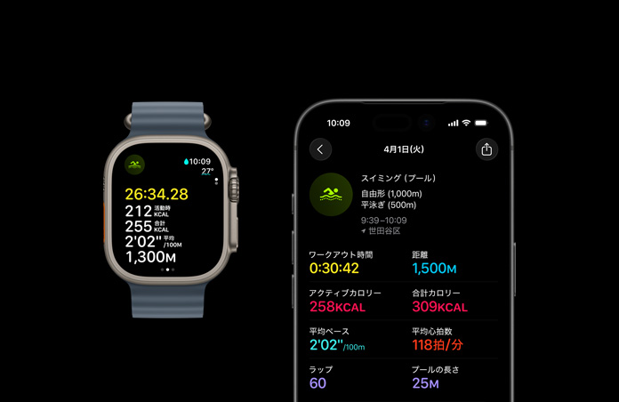 Apple Watch Ultra 3、カラーはナチュラル、チタニウムケース、オーシャンバンド、カラーはアンカーブルー、作動中のスイミングワークアウト、iPhone上にワークアウトの測定値の内訳が大きく表示されている