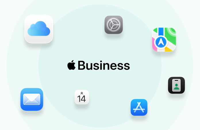 Apple Businessのロゴの周囲に、iCloud、設定、マップ、メール、カレンダー、App Store、Apple Businessアプリのアイコンが配置されている