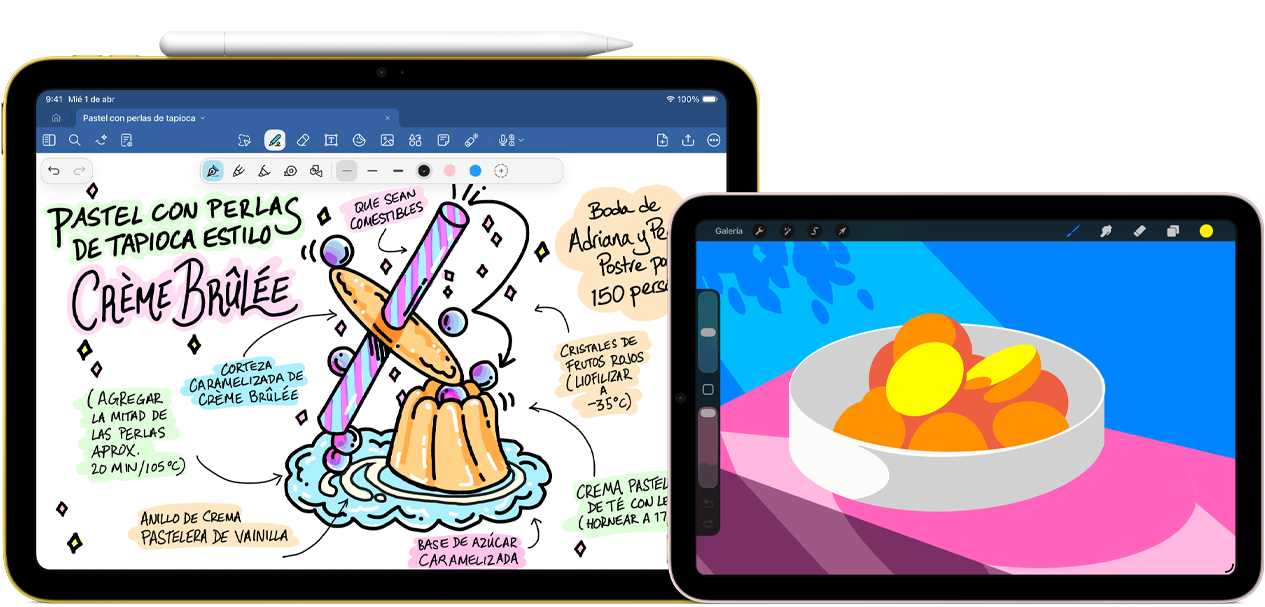 A la izquierda, un iPad de décima generación en posición horizontal muestra un trabajo gráfico con notas y un dibujo, y tiene un Apple Pencil USB-C adherido arriba. A la derecha, un iPad Mini en posición horizontal muestra una ilustración colorida realizada con ProCreate.