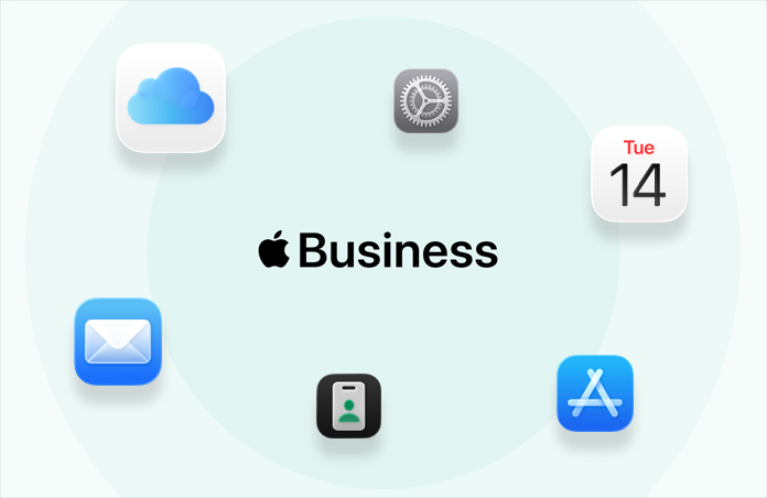 Una serie de apps y herramientas para empresas, incluidas iCloud, Calendario, Mapas, Apple Business, Mail, Configuración y App Store