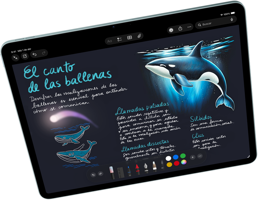 iPad Air en horizontal que muestra Apple Intelligence con Imagen Mágica en Notas, Apple Pencil Pro