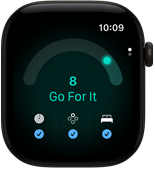 „Apple Watch Series 12“: juodos spalvos aliuminio korpusas, pasirengimo įvertis – 8, dešinėje korpuso pusėje – „Digital Crown“.