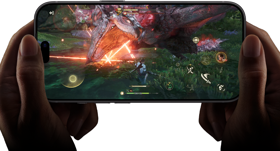„iPhone 18 Pro“, priekinė dalis, demonstruojamas „A20 Pro“ lustų našumas su scena iš „Monster Hunter Outlanders“