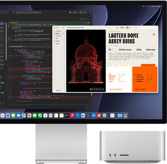 Studio Display XDR, ekrānā redzams dokumenta rediģēšanas process Claude Agent ar XCode, Mac Studio, skats no priekšpuses