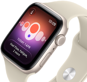 Apple Watch SE 3, aluminum case, starlight color, Cycle Tracking with different menstrual symptoms, right side exterior, Digital Crown, side button, Sport Band, sand color