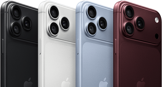 أجهزة iPhone 18 Pro في صف واحد، الجهة الخارجية الخلفية، جميع الألوان الأربعة: عنّابي، وجليدي، وفضي، وأسود، نظام كاميرا Pro Fusion في الزاوية العلوية اليسرى، 3 عدسات، ميكروفون، فلاش