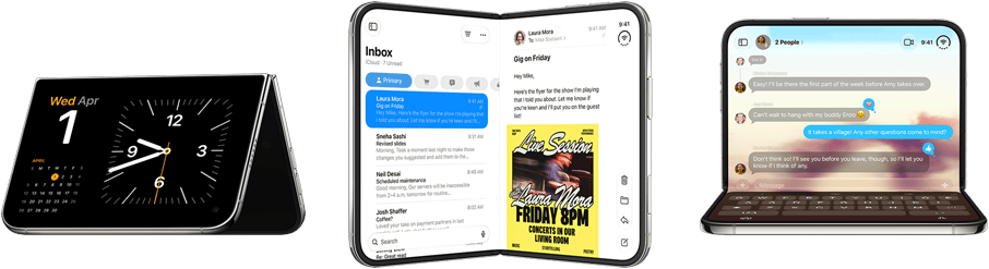 أجهزة iPhone Duo، وضعيات مختلفة: مفتوح ومقلوب في الوضع الأفقي، مفتوح بزاوية خفيفة، الشاشة الخارجية، تصميم كله شاشة. وكأنهما مفتوحان قليلاً على شكل كتاب وبوضع مستقيم. مفتوح في الوضع الأفقي، مفتوح بزاوية قائمة، الشاشة الداخلية، تصميم كله شاشة