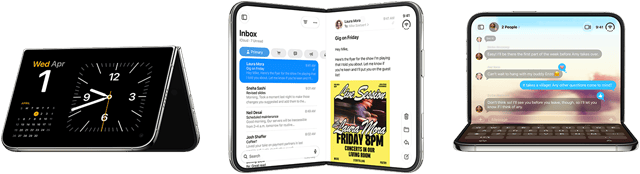 أجهزة iPhone Duo، وضعيات مختلفة: مفتوح ومقلوب في الوضع الأفقي، مفتوح بزاوية خفيفة، الشاشة الخارجية، تصميم كله شاشة. وكأنهما مفتوحان قليلاً على شكل كتاب وبوضع مستقيم. مفتوح في الوضع الأفقي، مفتوح بزاوية قائمة، الشاشة الداخلية، تصميم كله شاشة