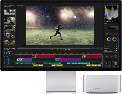 شاشة Studio Display XDR مع قاعدة مدمجة، جهاز
Mac Studio يستقر أسفل الشاشة بشكل متناسق، شاشة تعرض مسار عمل لأدوات تعديل الفيديو وتدرجات الألوان