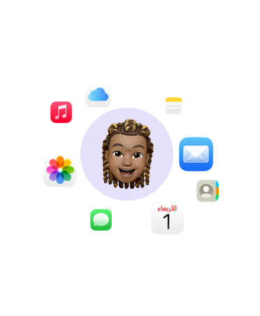 إيموجي لوجه مبتسم محاط بأيقونات تطبيقات مختلفة: الموسيقى وiCloud Drive والملاحظات والبريد وجهات الاتصال والتقويم والرسائل والصور